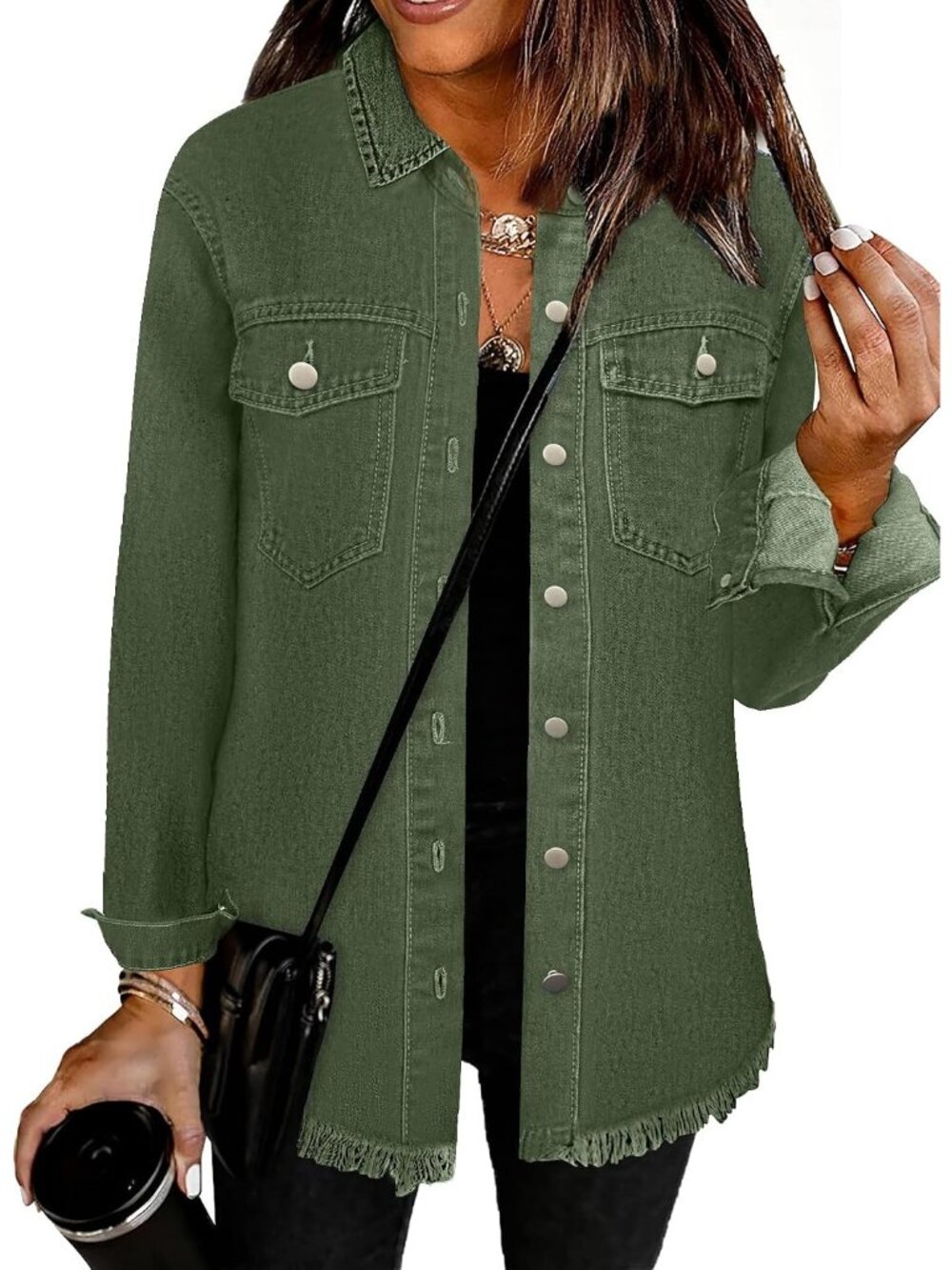 Women’s Green Long Sleeve Style Button Front Oversized Casual Jean Jacket